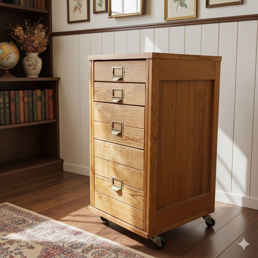 アンティーク調 木製多段チェスト（4段/キャスター付）天然木 道具入れ 書類棚