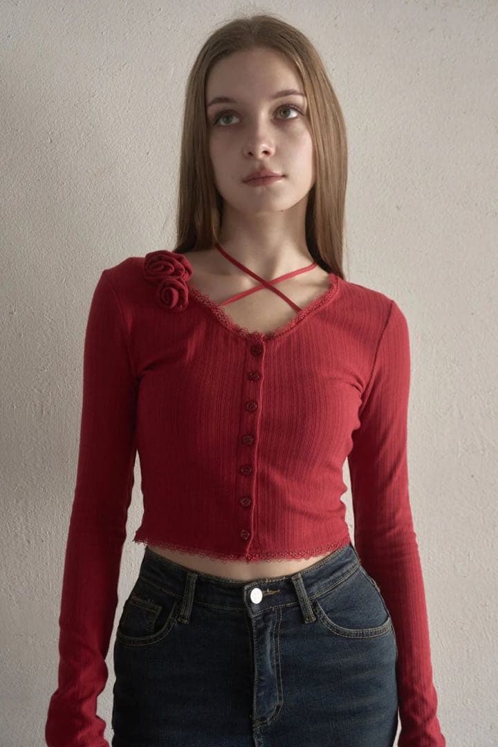 YILON 即完売　ROSE RIBBON CARDIGAN レッド　新品