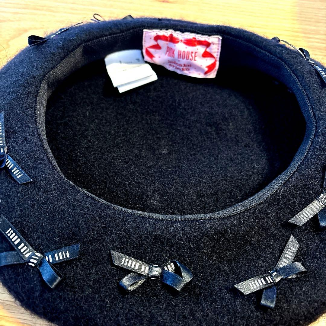 PINK HOUSE × misako&erinko ロゴ＆リボン　ベレー帽　黒