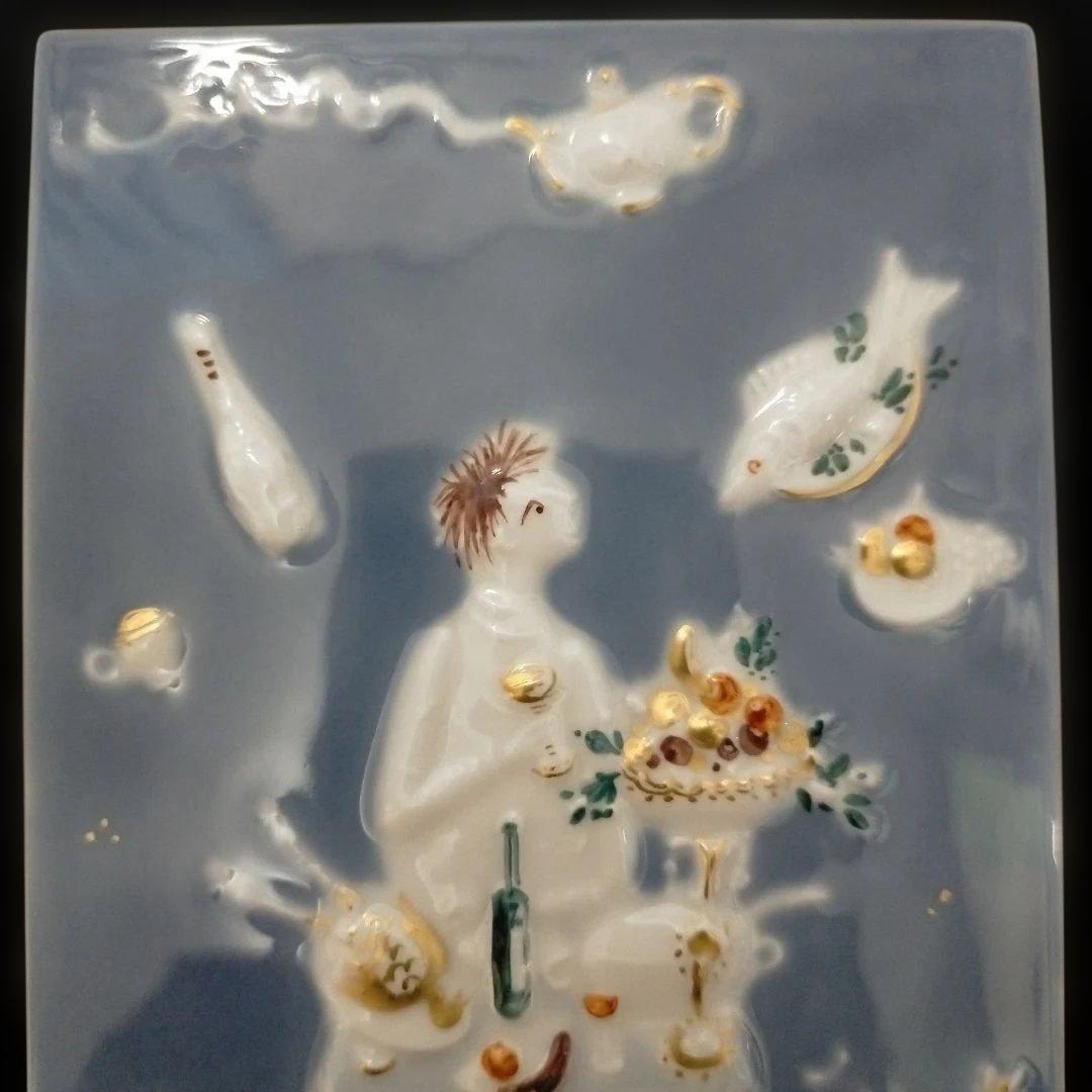 美品 MEISSEN マイセン 陶板画 青のメルヘンシリーズ　魔法の食卓 額縁付