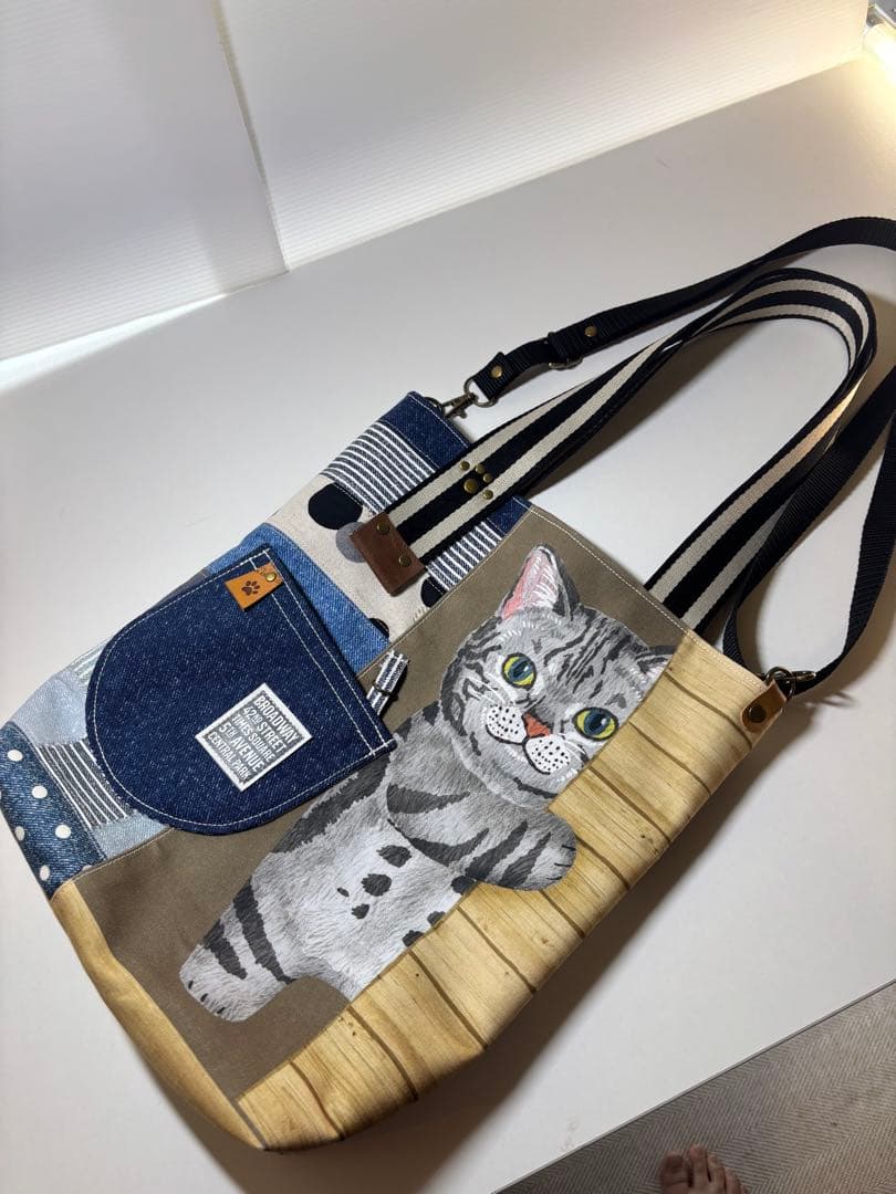 I*様 ひょっこり猫ちゃんのデニム風パッチワーク★トートバッグ＆キーケース　サコ