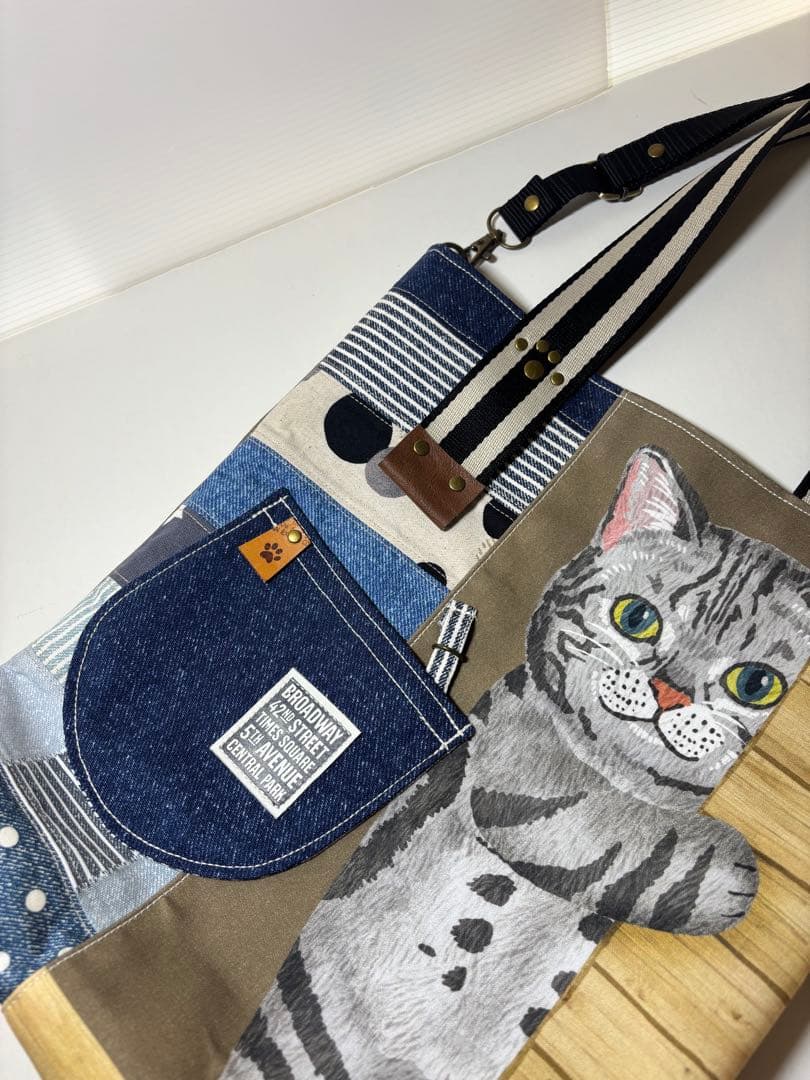 I*様 ひょっこり猫ちゃんのデニム風パッチワーク★トートバッグ＆キーケース　サコ