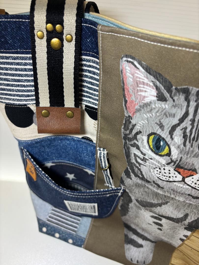 I*様 ひょっこり猫ちゃんのデニム風パッチワーク★トートバッグ＆キーケース　サコ