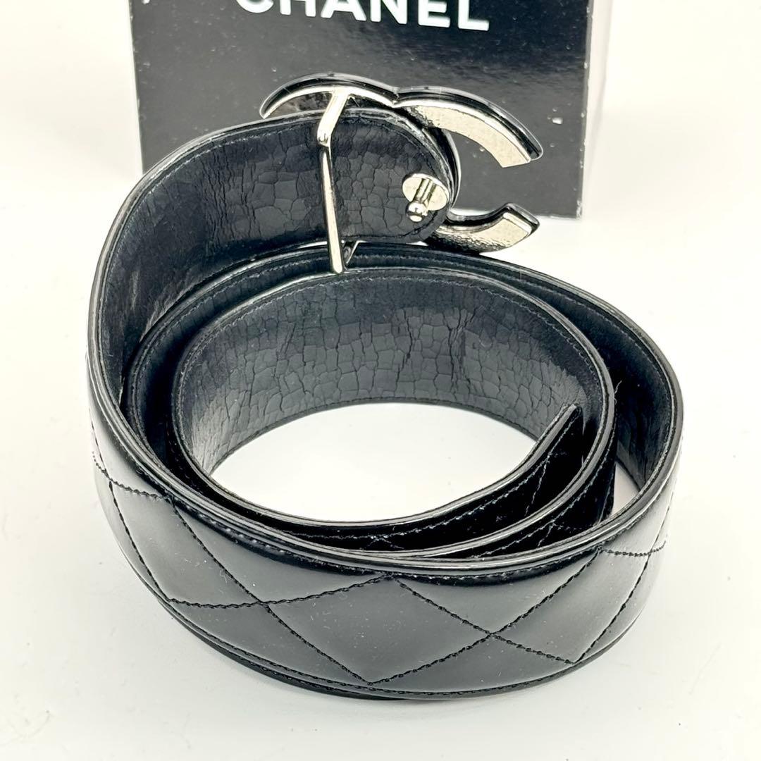 CHANEL ブラック　ココマーク　ベルト　マトラッセ　　パテントレザー　保存箱