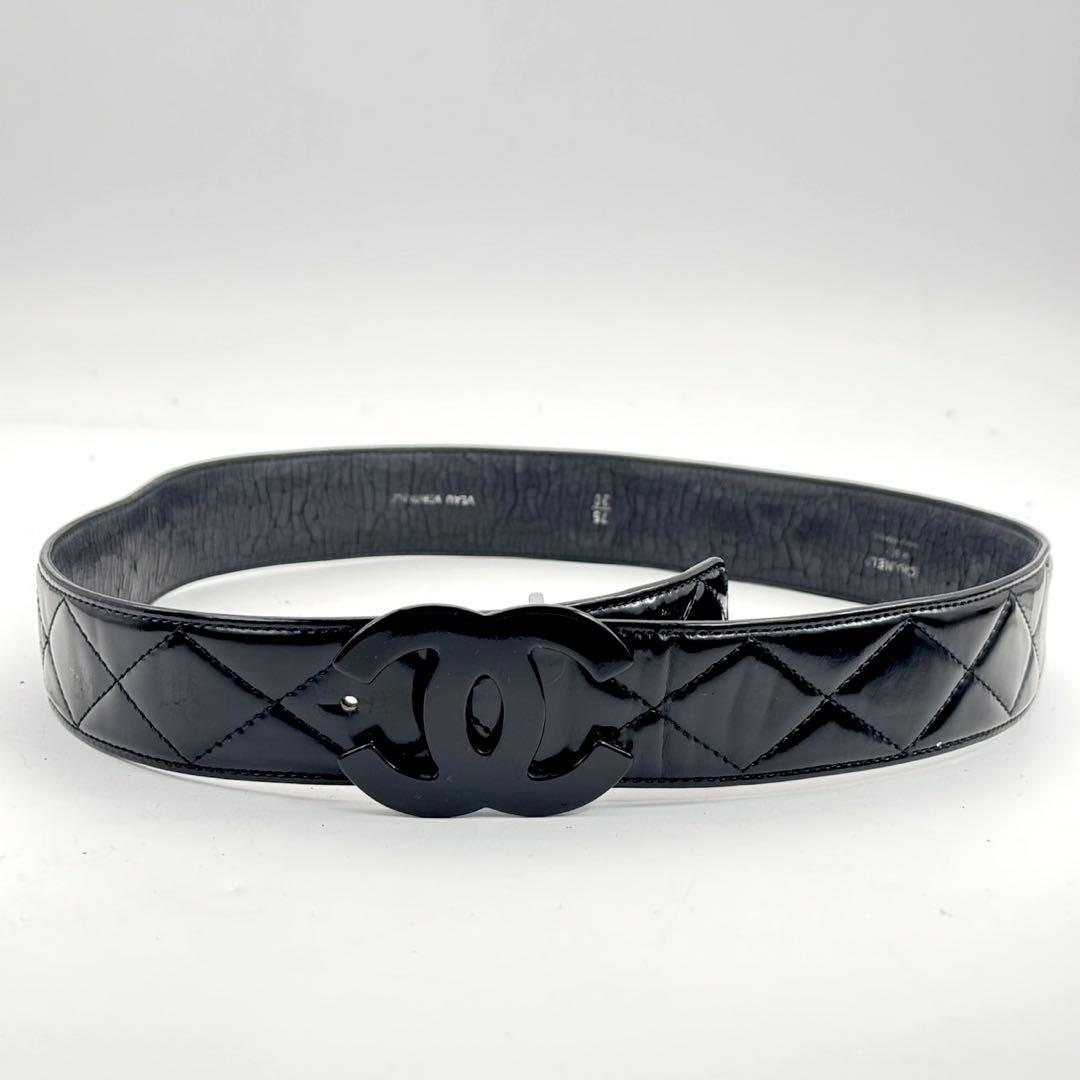 CHANEL ブラック　ココマーク　ベルト　マトラッセ　　パテントレザー　保存箱