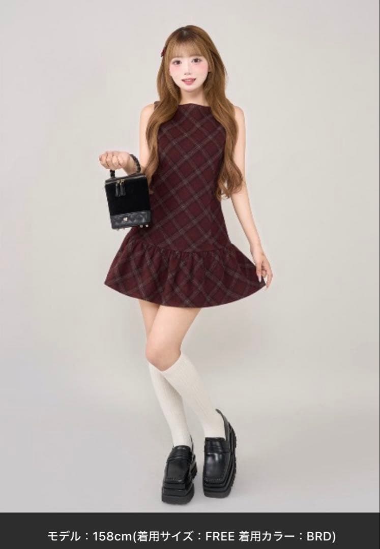 ノースリーブミニワンピース バーガンディチェック