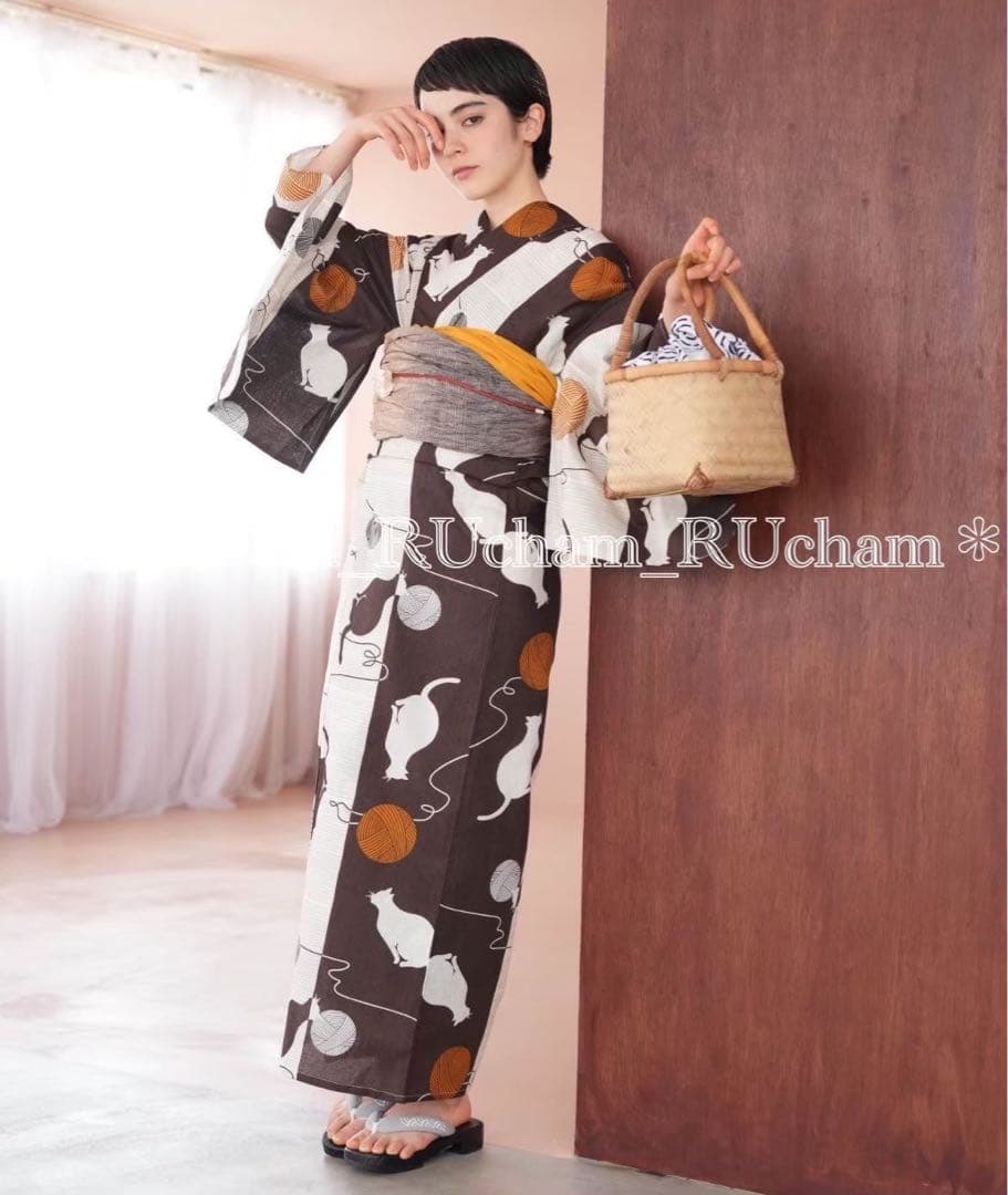 ✅新品【茶色と金柑のまりねこ染め分け】 ニコアンティーク 浴衣単品