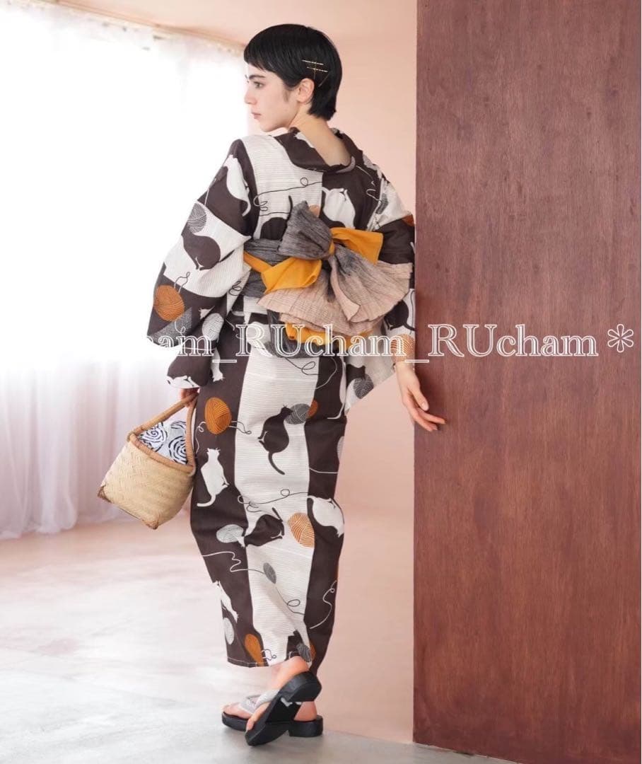 ✅新品【茶色と金柑のまりねこ染め分け】 ニコアンティーク 浴衣単品