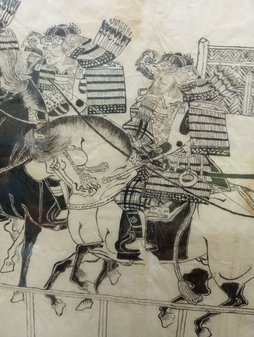 江戸時代後期幕末頃武家旧家蔵出馬上武者絵図古文書資料横幅４４Ｘ縦３２センチ額装品