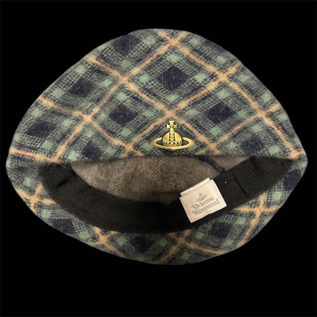 Vivienne Westwood アンゴラウール ポンポン付 チェックベレー帽