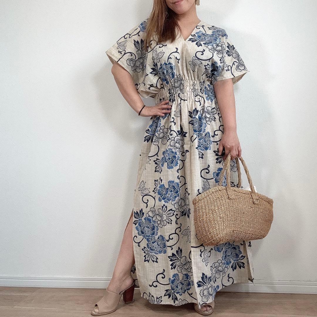 浴衣　リメイク　本染　浴衣　オリジナル　ワン　 ロング 源氏物語　刷毛目紬　綿紬