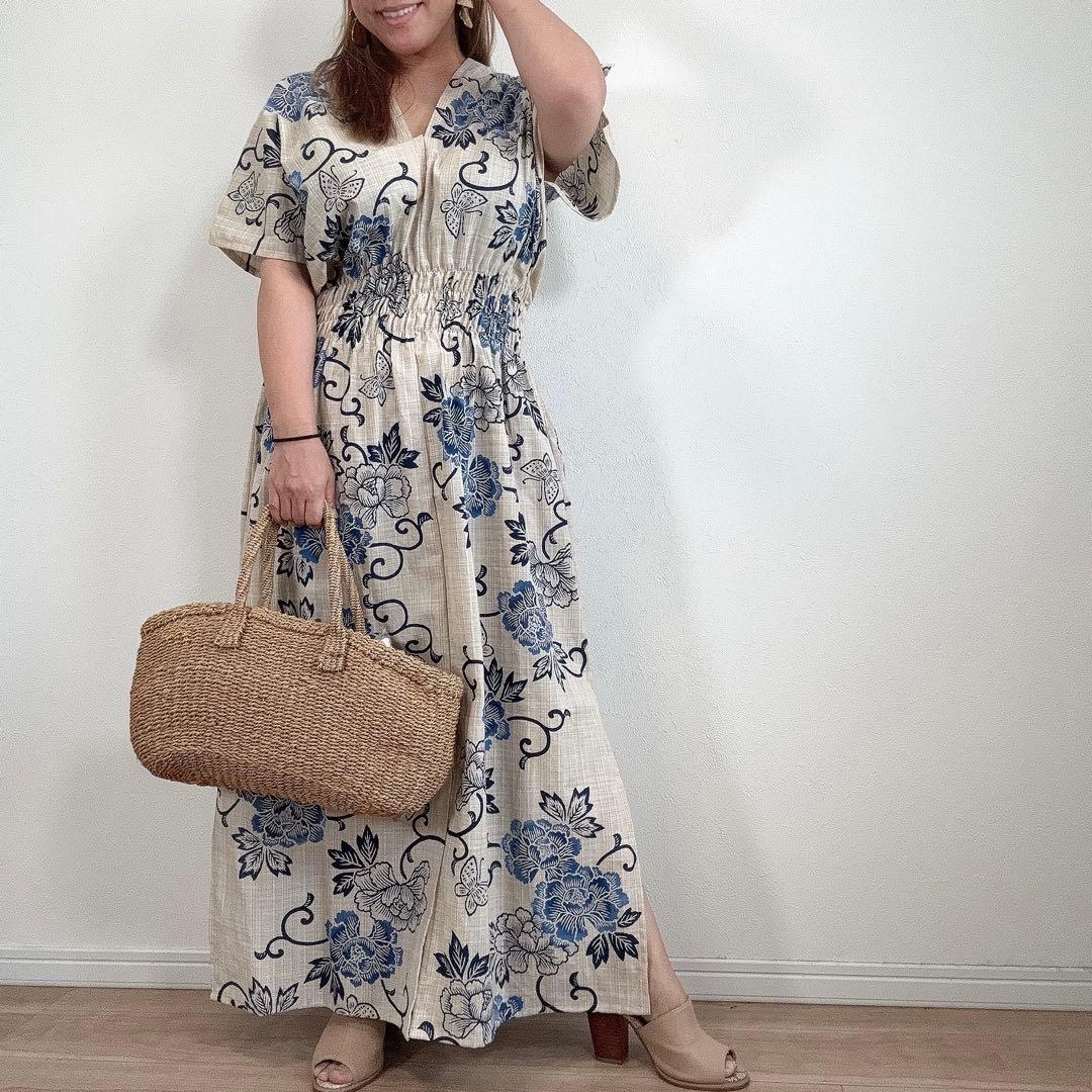 浴衣　リメイク　本染　浴衣　オリジナル　ワン　 ロング 源氏物語　刷毛目紬　綿紬