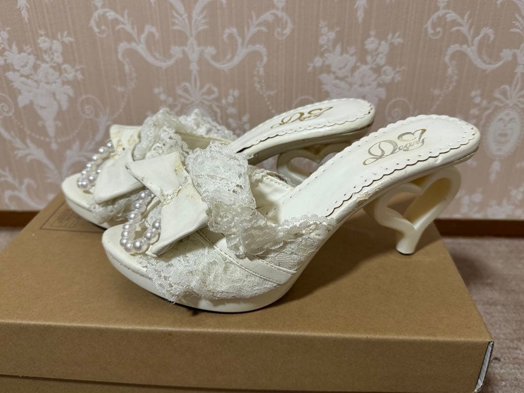夢展望　deary ホワイトレースパール ハート　ヒール　ミュール