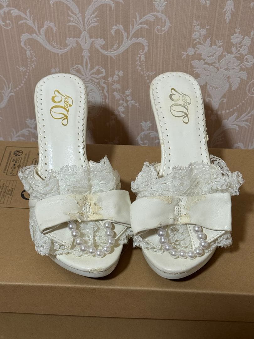 夢展望　deary ホワイトレースパール ハート　ヒール　ミュール