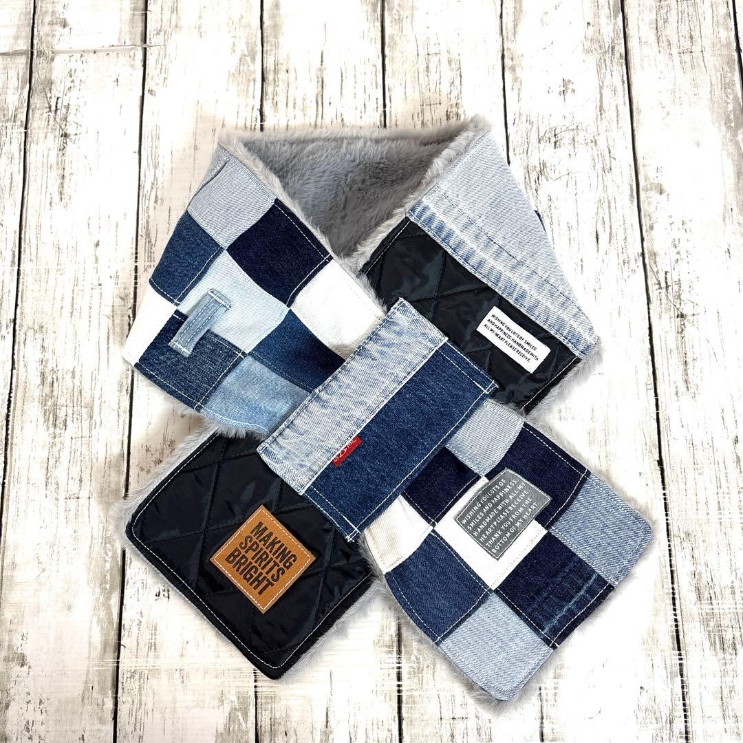 デニムリメイクマフラー　❤️ファー　パッチワーク　♥︎男前
