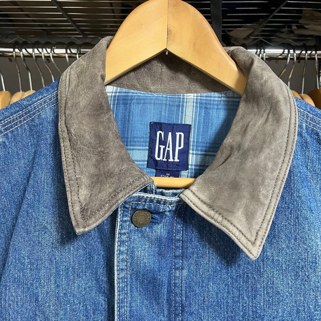 80s-90s old GAP デニムジャケット レザー切り替え 裏地チェック