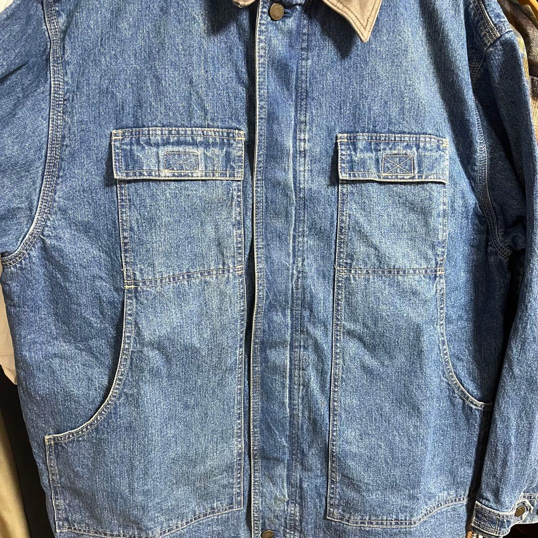 80s-90s old GAP デニムジャケット レザー切り替え 裏地チェック