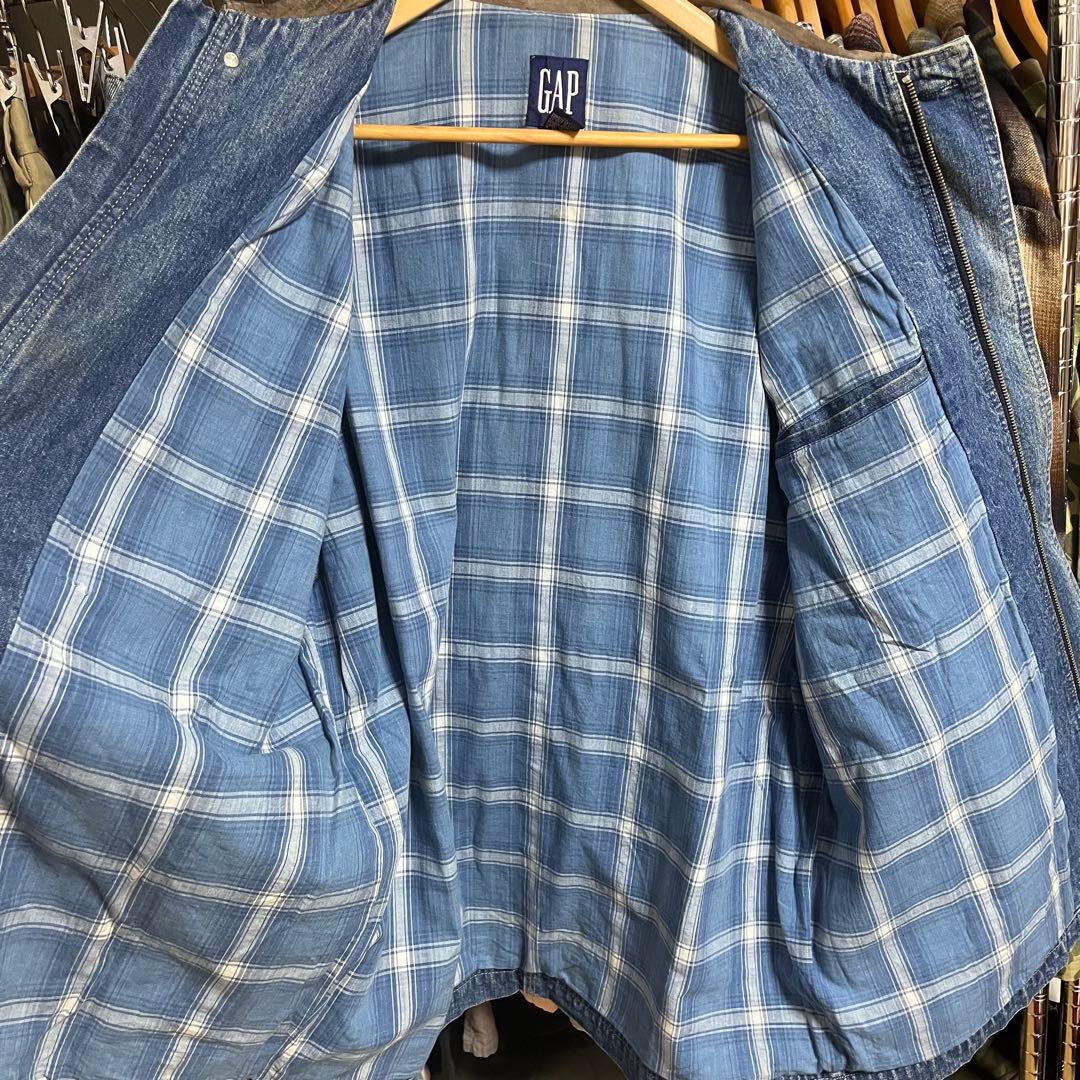 80s-90s old GAP デニムジャケット レザー切り替え 裏地チェック