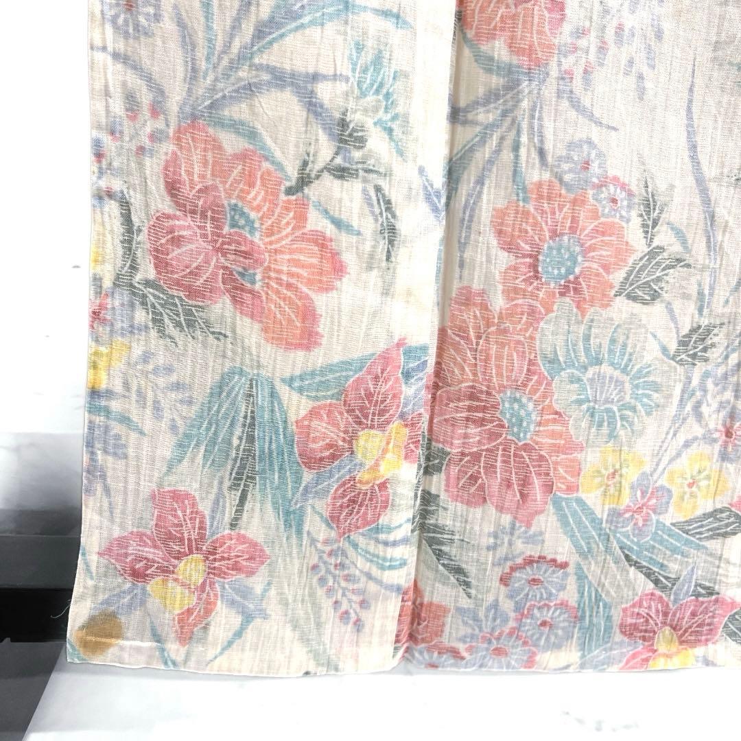 小紋　小千谷ちぢみ　麻　花模様　菊　牡丹　オフホワイト　着物　074a d