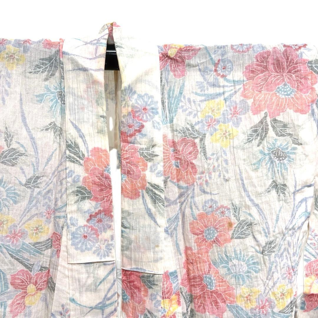 小紋　小千谷ちぢみ　麻　花模様　菊　牡丹　オフホワイト　着物　074a d