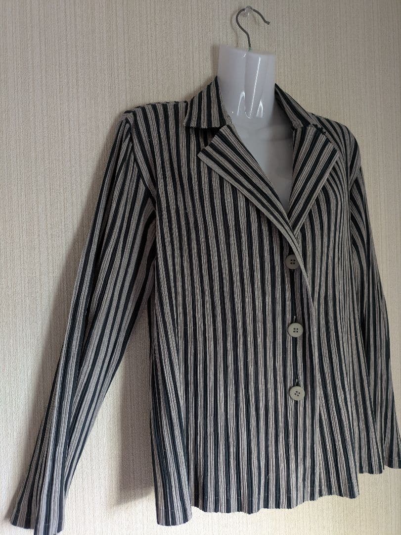 イッセイ・ミヤケ FÉTE ネイビー&グレー　ストライプ　プリーツ　ジャケット