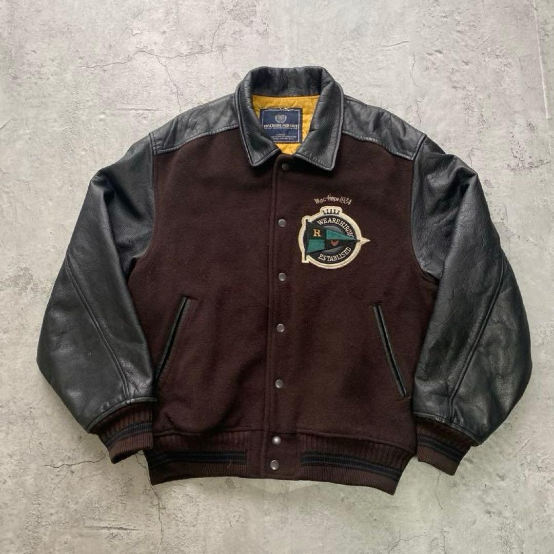USA古着 スタジャン ジャケット レザー 刺繍 ワッペン ブラウン
