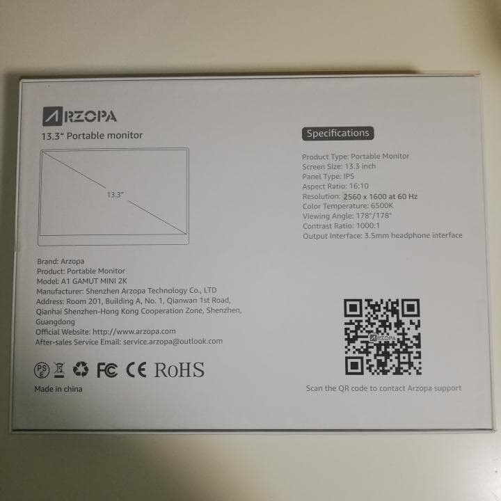 【美品】ARZOPA 2K モバイルモニター 13.3インチ 軽量 薄型