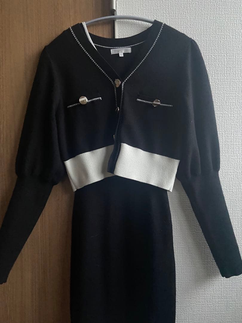 rienda バイカラーカーデセットニットワンピース