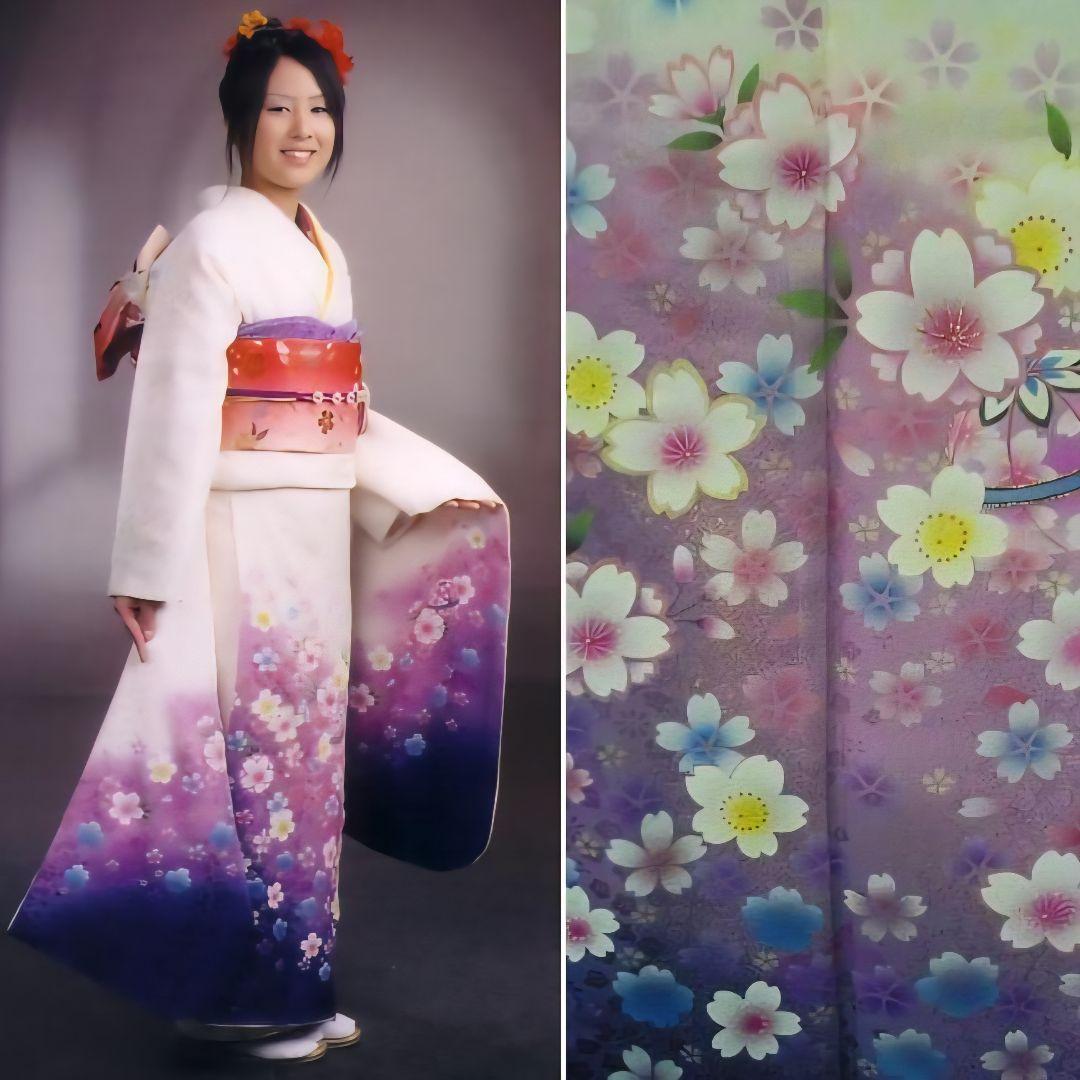 今得な フルセット 正絹白地振袖 白紫グラデーション桜柄 成人式 卒業式に最適