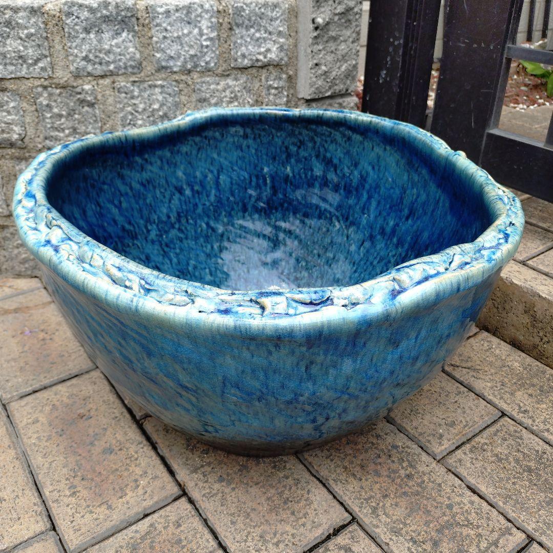 信楽焼　ブルー手作りめだか鉢　水連鉢　ビオトープ　直径49㌢