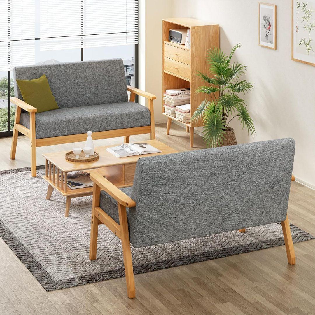 ソファー 2人掛け 幅113cm ファブリック かんたん組立 天然木 グレー