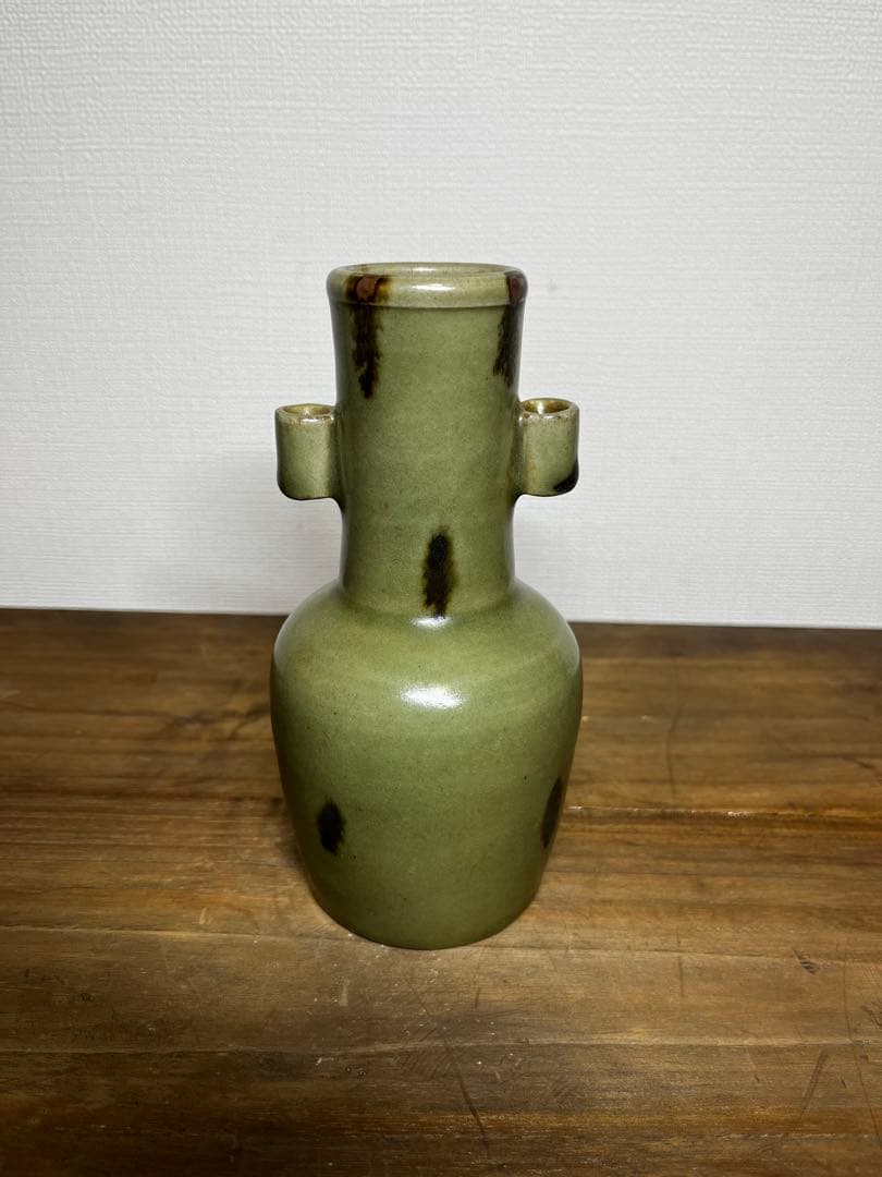 明時代　龍泉窯　飛青磁双耳花入　明　元