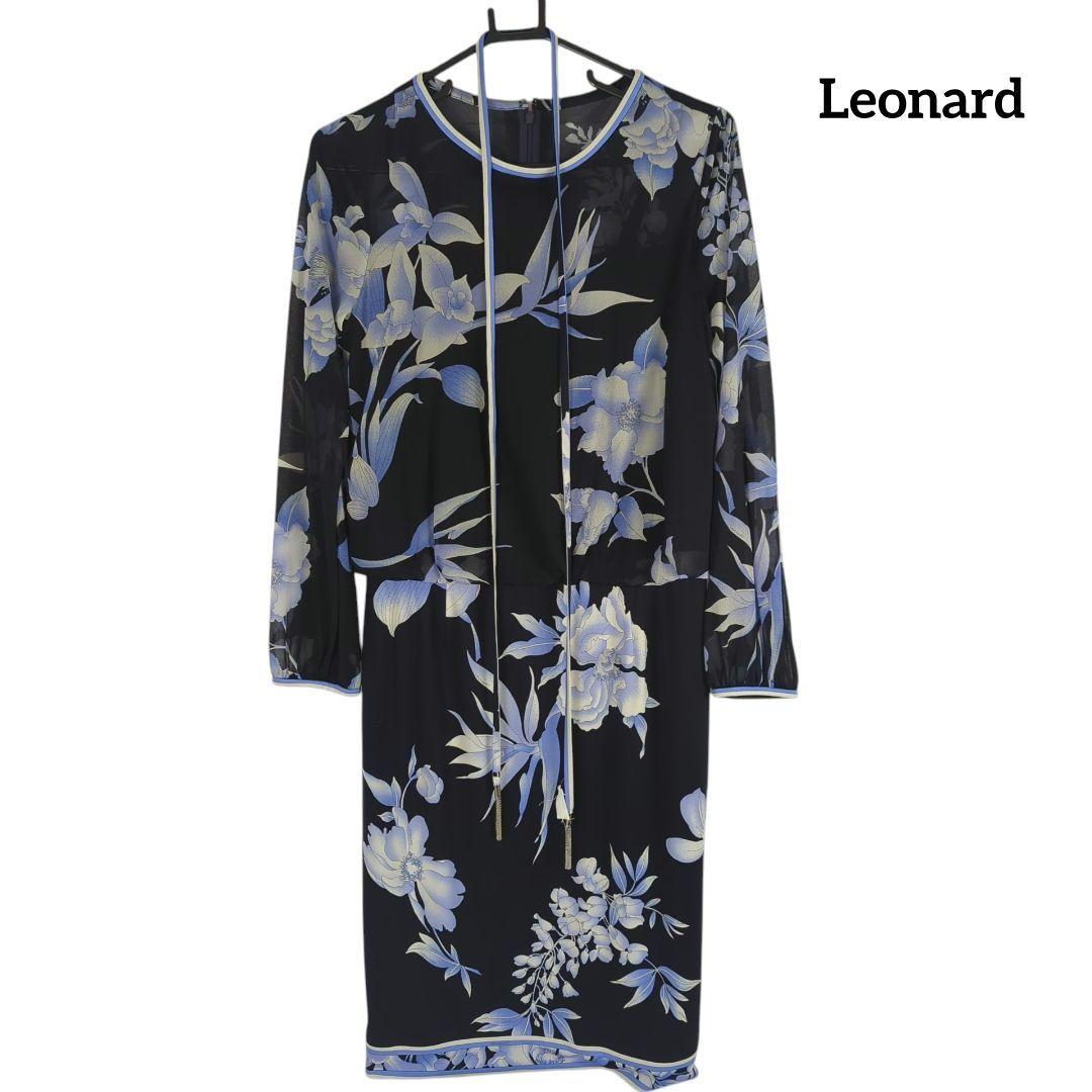 【美品】Leonard レオナール ワンピース 花柄 ブラック ブルー