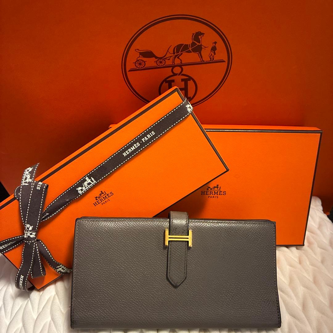 HERMES グレー レザー 長財布　ベアン　スフレ　エルメス