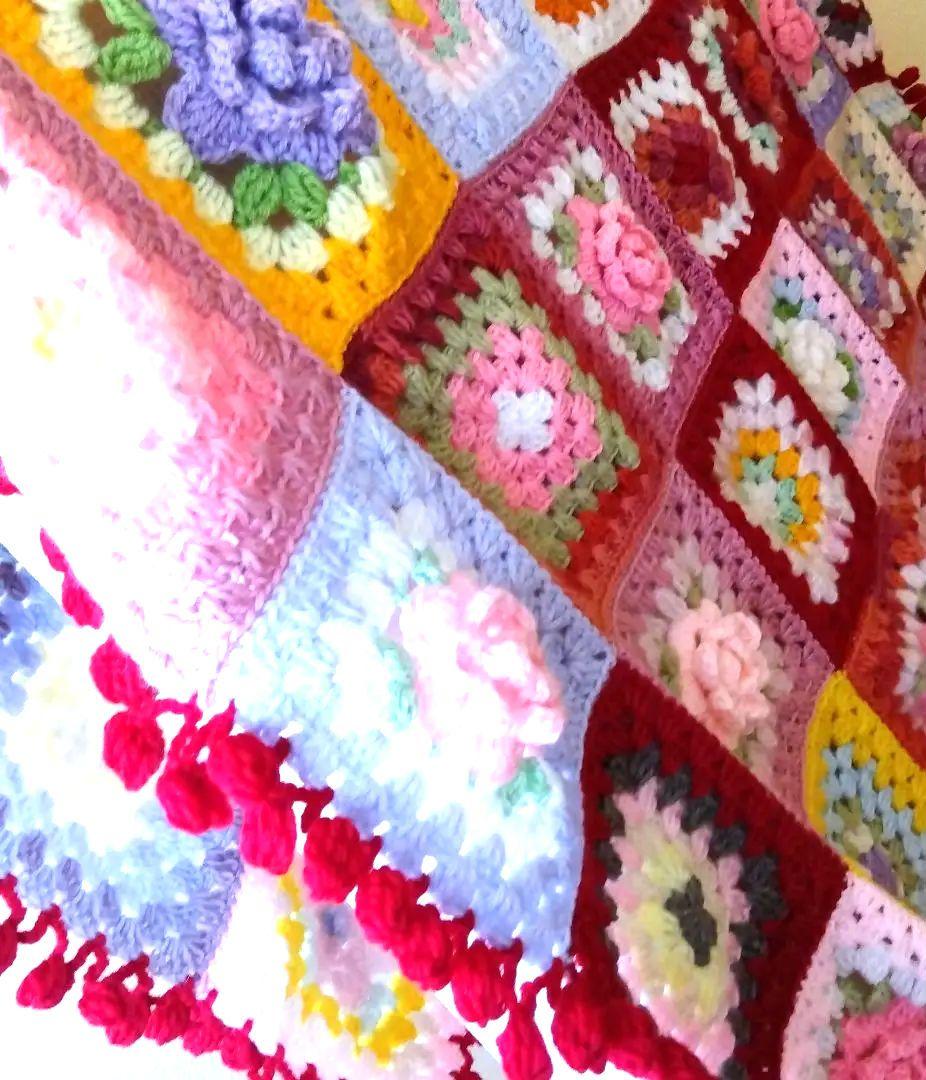 カラフル グラニースクエア ブランケットお花のベットカバー