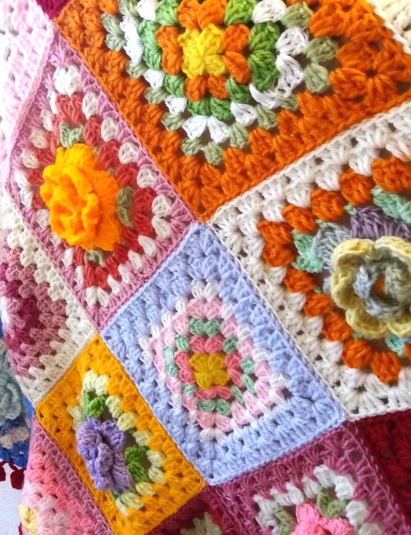 カラフル グラニースクエア ブランケットお花のベットカバー