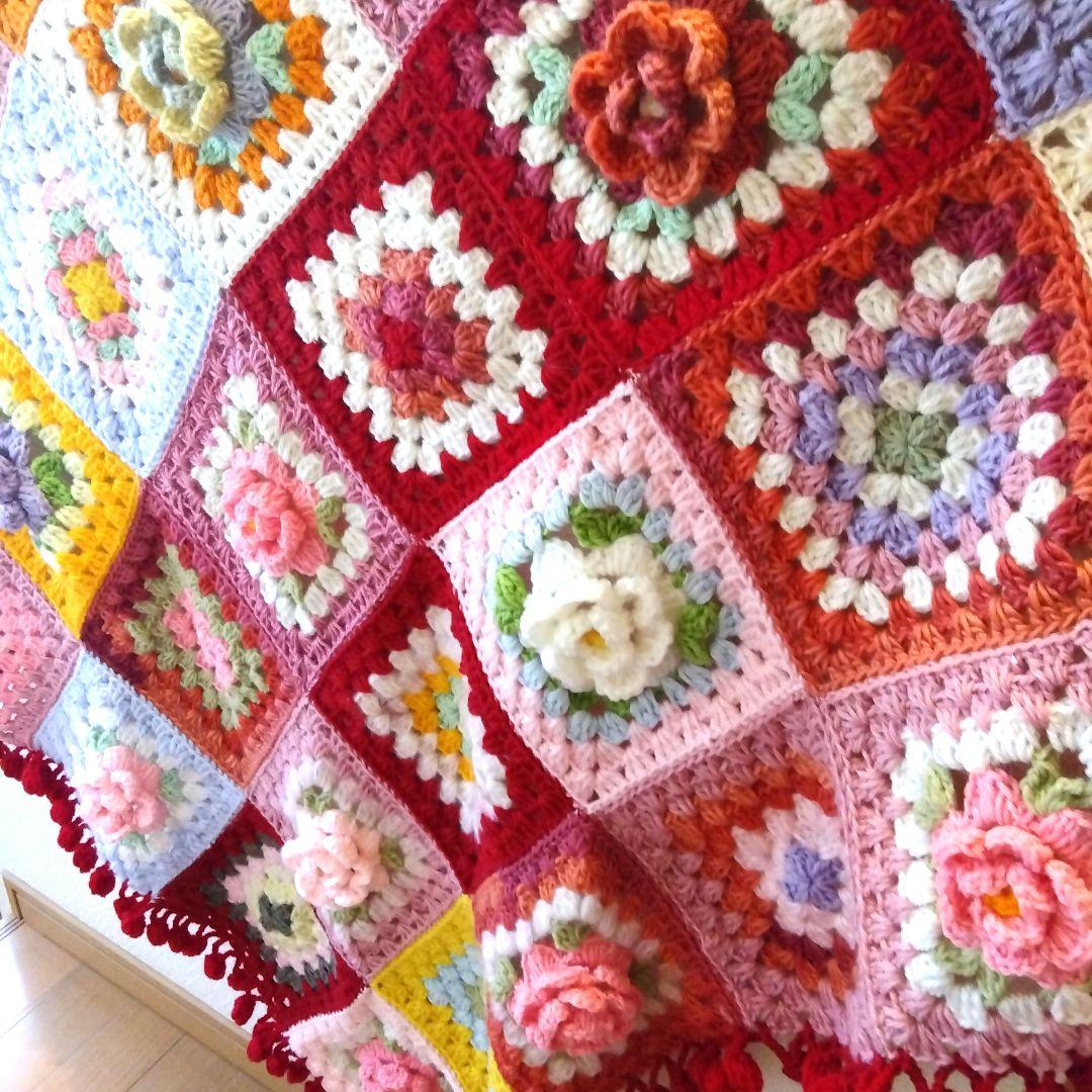 カラフル グラニースクエア ブランケットお花のベットカバー