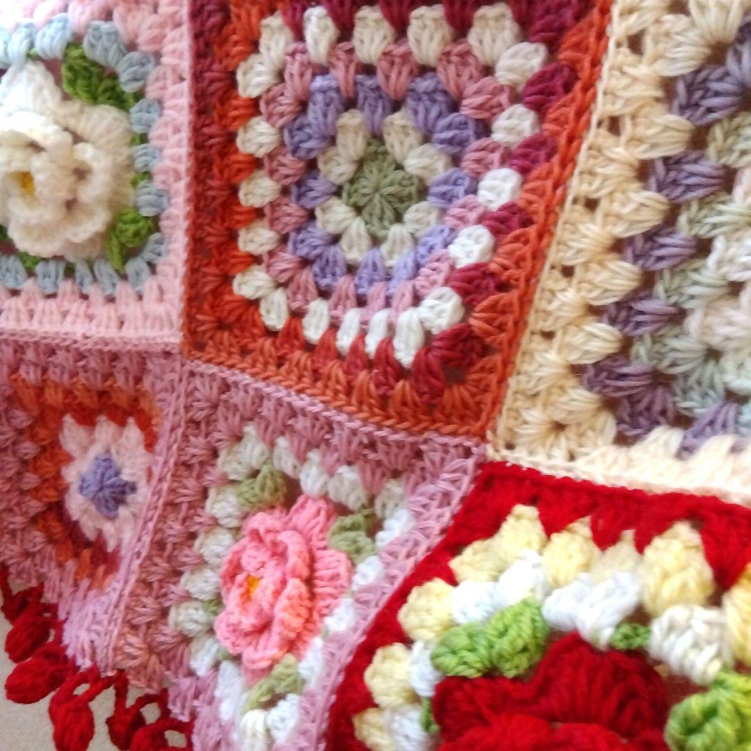 カラフル グラニースクエア ブランケットお花のベットカバー