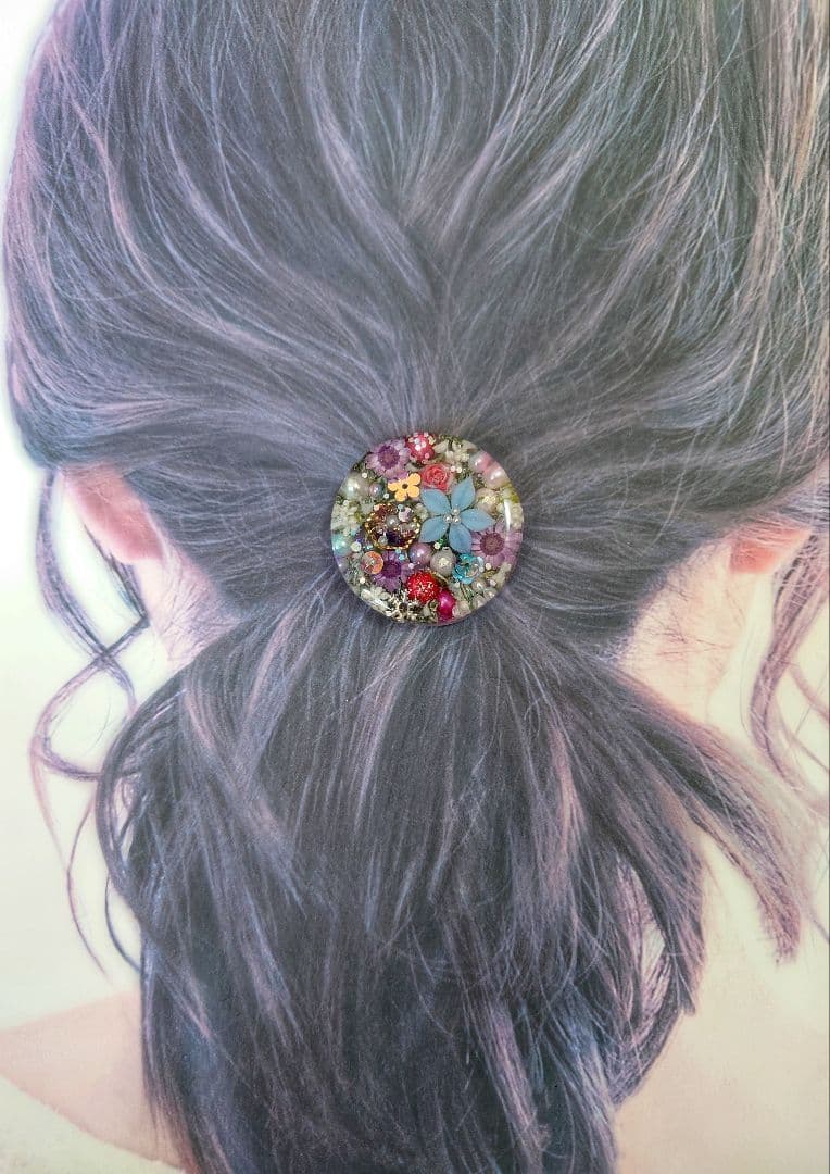 レジン　猫　ドライフラワー　ヘアゴム　ブローチ　ポニーフック　No.407