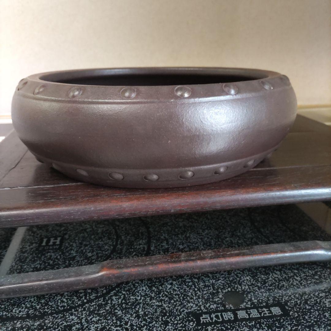 盆栽鉢、植木鉢、 時代鉢、 山秋 落款 、紫泥 、太鼓胴丸鉢、杭打ち鉢