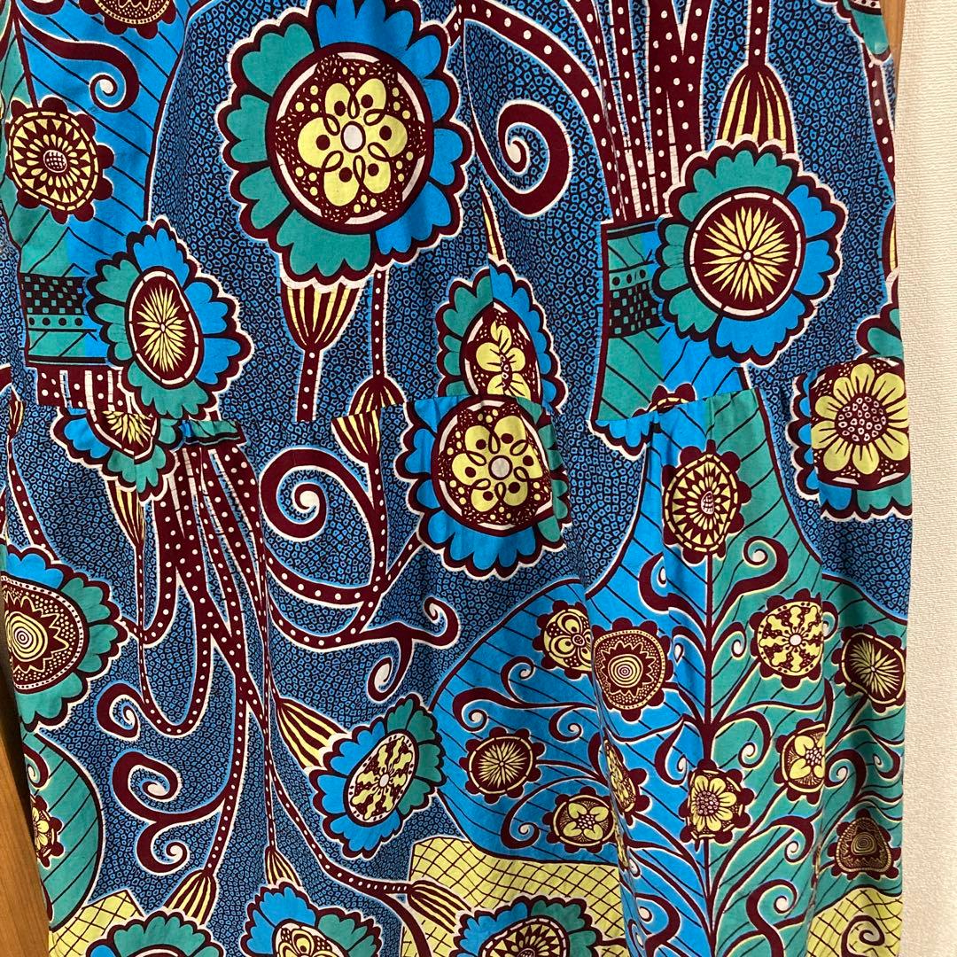 アフリカンバティックワンピースjuaキャミワンピブルー花瓶柄