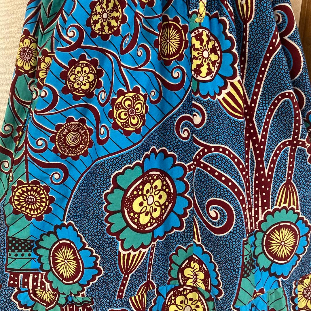 アフリカンバティックワンピースjuaキャミワンピブルー花瓶柄