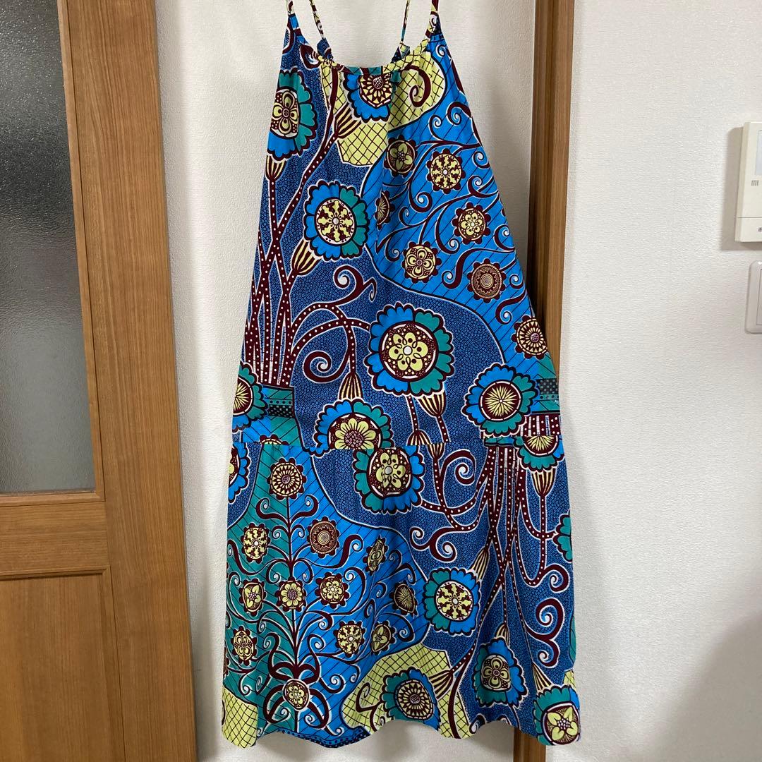 アフリカンバティックワンピースjuaキャミワンピブルー花瓶柄