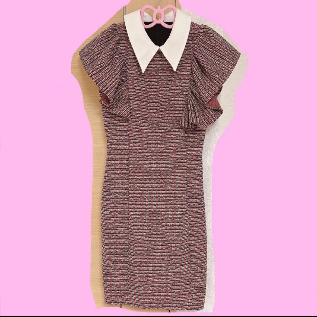 an アン フリル袖 シンプル 襟付き ツイード タイトミニドレス Mサイズ