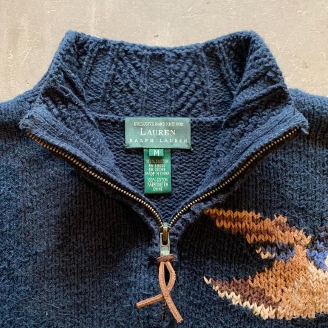【M】ラルフローレン コットン ハンドニット 紺■ビンテージ古着 ハーフジップ