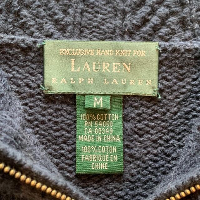 【M】ラルフローレン コットン ハンドニット 紺■ビンテージ古着 ハーフジップ