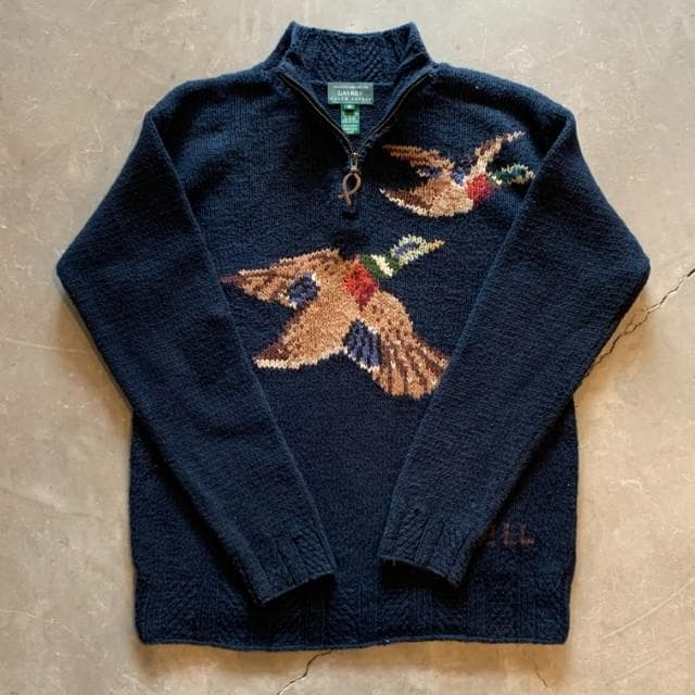 【M】ラルフローレン コットン ハンドニット 紺■ビンテージ古着 ハーフジップ