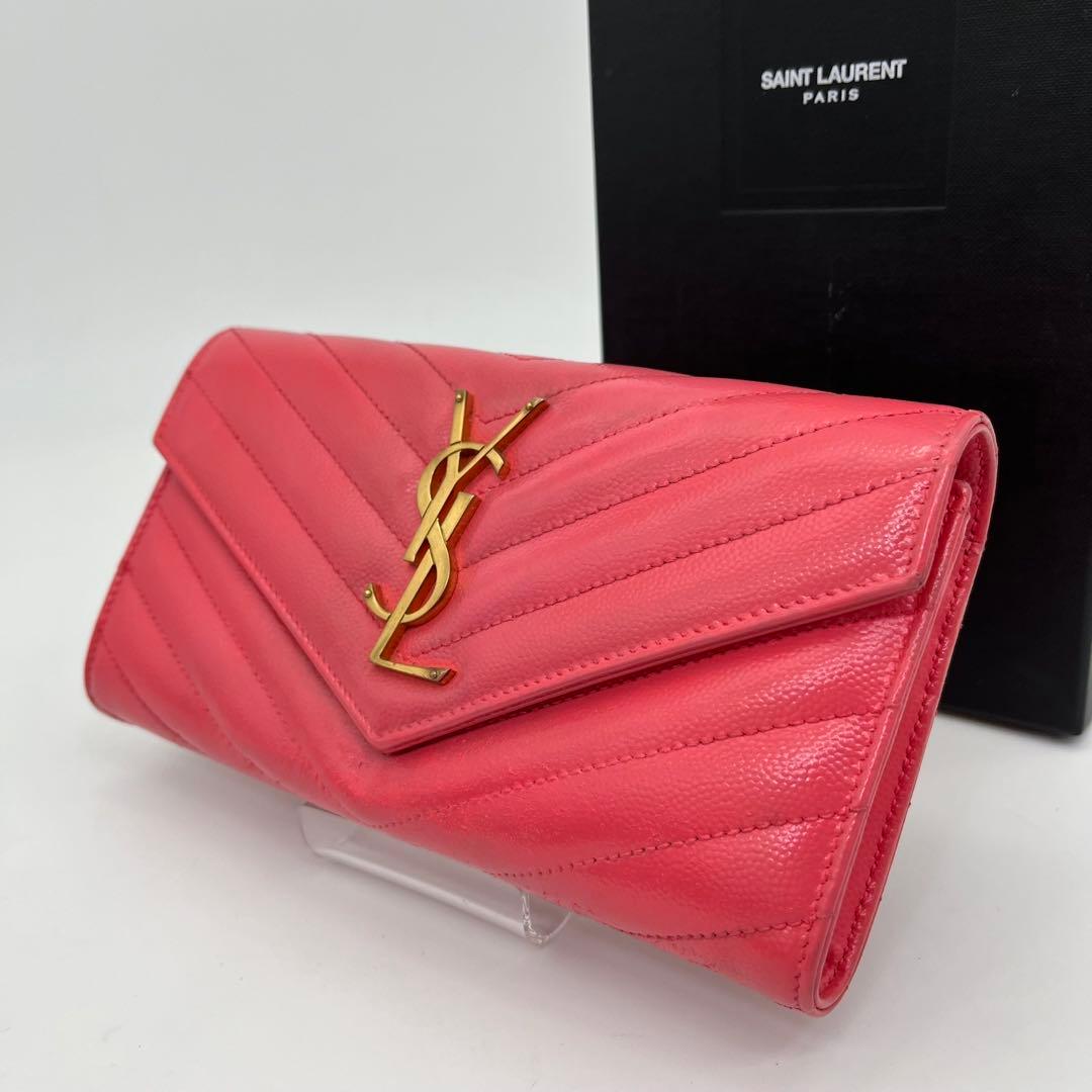 サンローラン 長財布 カサンドラ Vステッチ キャビアスキン ロゴ金具 箱付き