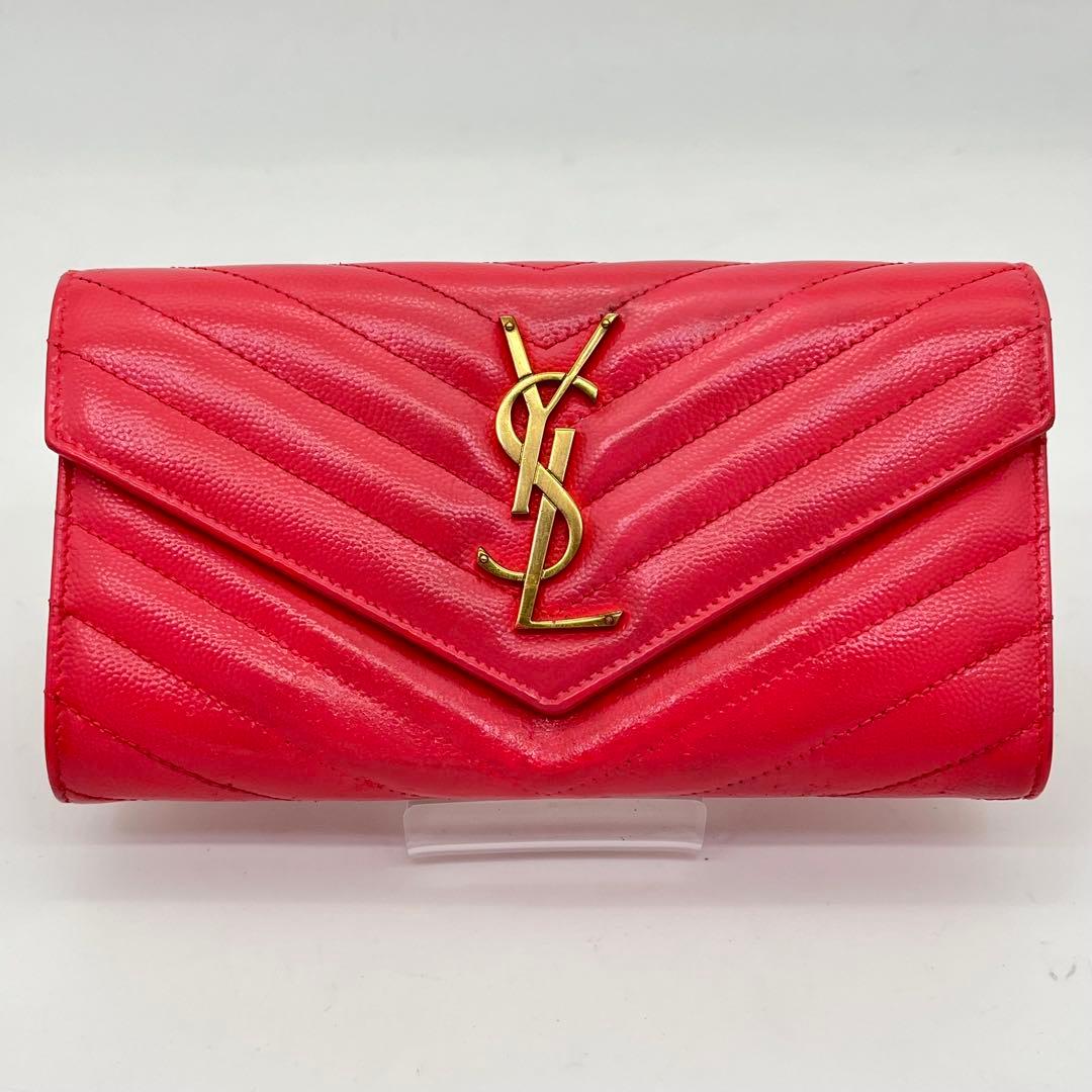 サンローラン 長財布 カサンドラ Vステッチ キャビアスキン ロゴ金具 箱付き