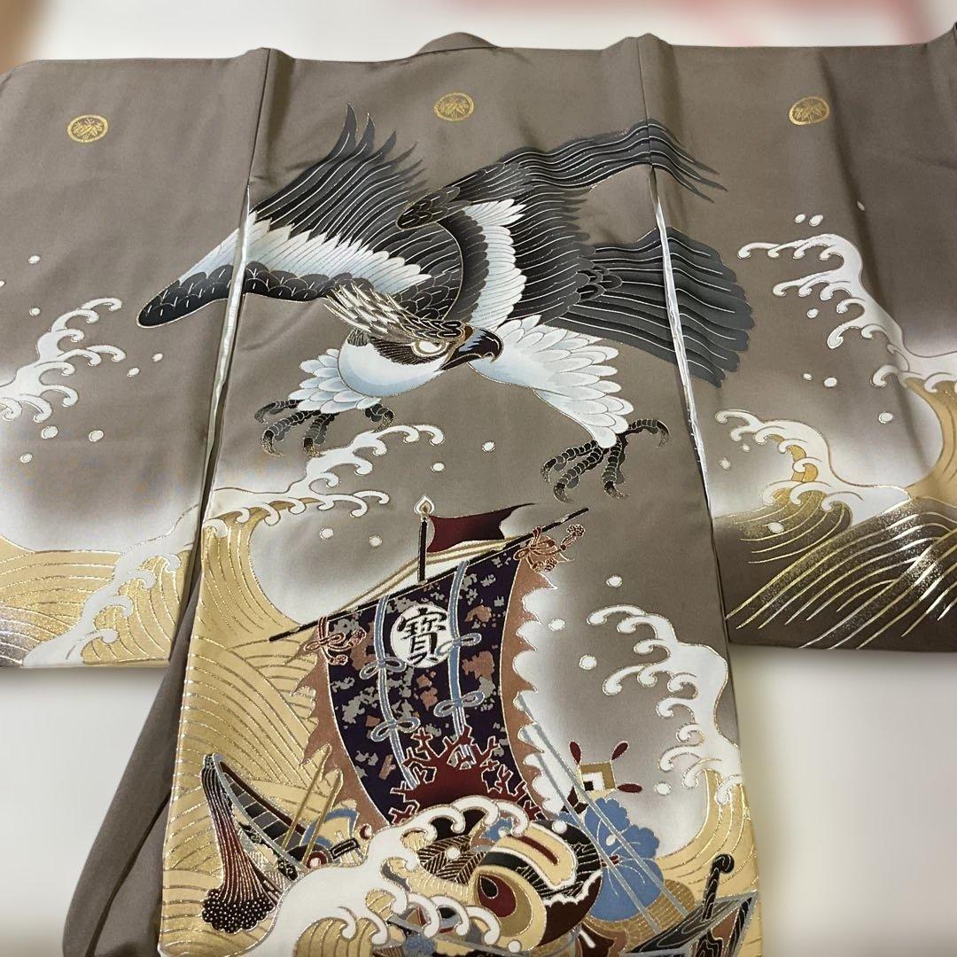 子供着物　男の子　祝い着　熨斗目　鷹　宝船　荒波　美品